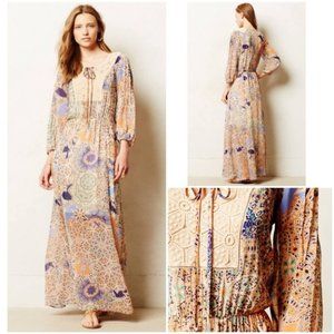 Meadow Rue by Anthropologie Oswego Maxi Dress Sz S peasant boho Blue Beige